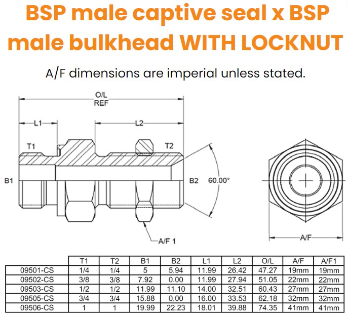 BSP MALE CAPTIVE SEAL FOR 3869 X BSP MALE BULKHEAD COMPLETE WITH SEAL & NUT, 1/4 BSP (CS) X 1/4 BSP Hydraulic Adaptor